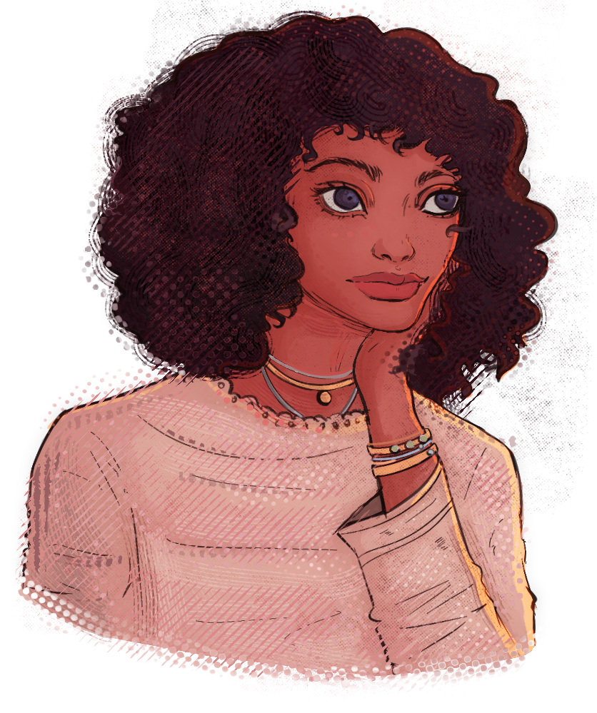 Illustration of a woman with dark, curly hair resting her chin on her hand, wearing a pale pink sweater and layered necklaces.