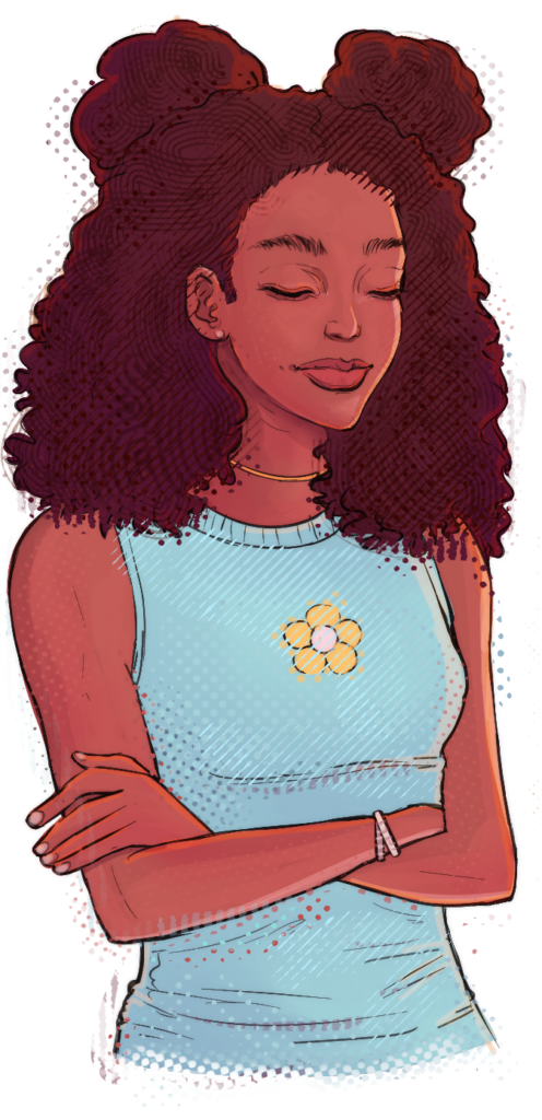 Young woman with voluminous curls, eyes closed, arms crossed, wearing a light blue sleeveless top with a flower emblem.
