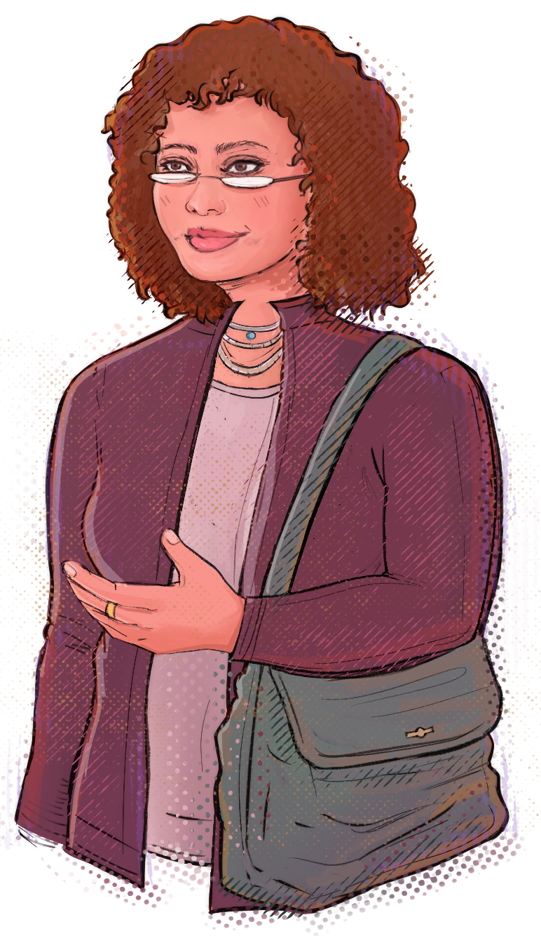 Illustration of a woman with curly hair and slim glasses, wearing a purple jacket and a gray shoulder bag; she is gesturing with one hand. / A stylized portrait of a professional-looking woman with a crossbody bag.