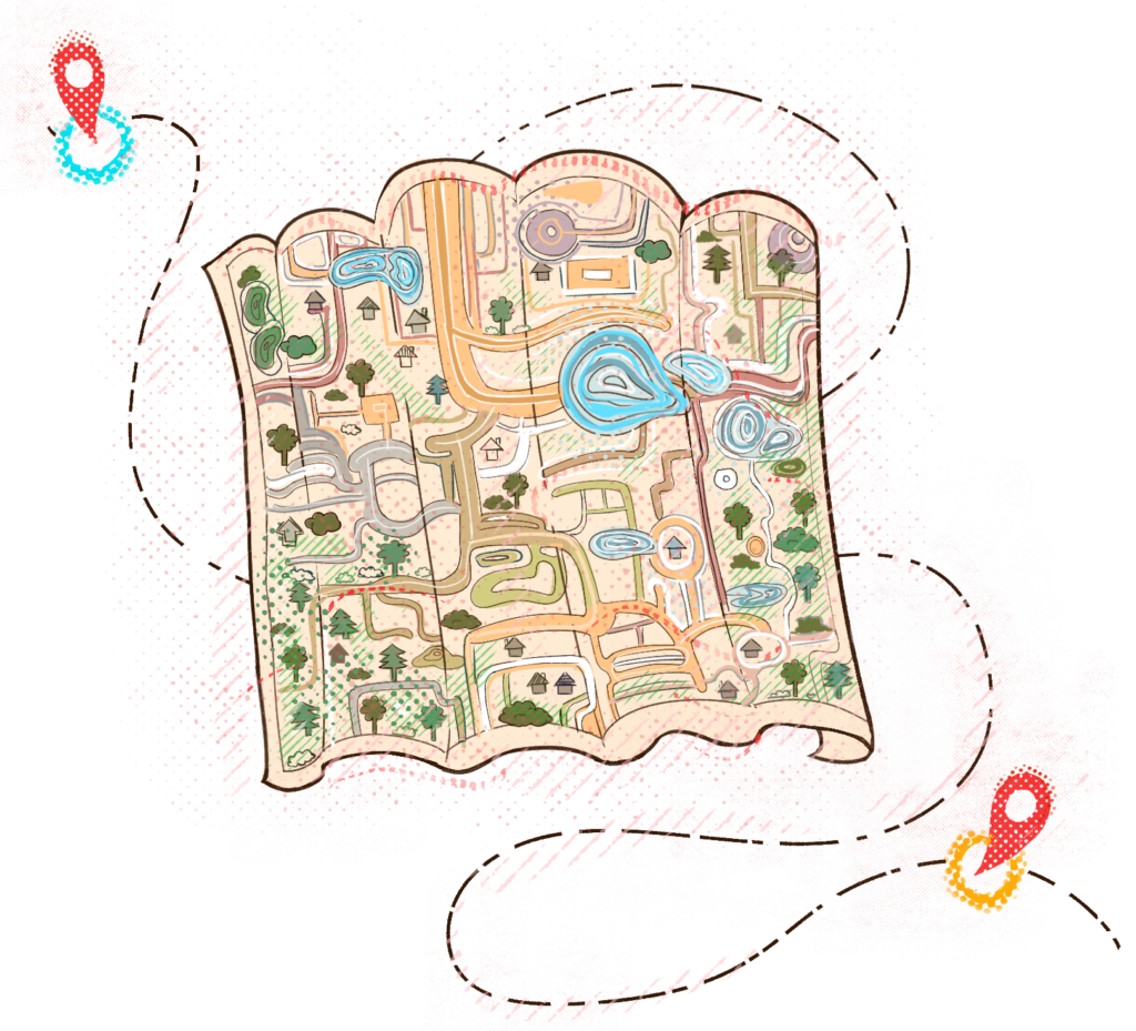 Open illustrated map inside an open book, showing winding roads, rivers, trees and tiny buildings with a pink dotted background