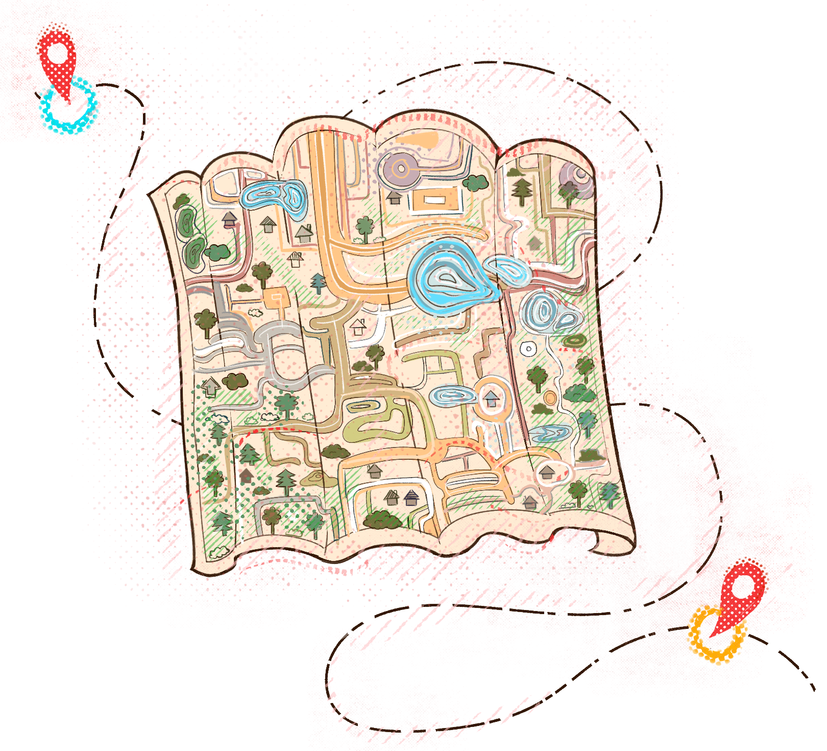 Open illustrated map inside an open book, showing winding roads, rivers, trees and tiny buildings with a pink dotted background