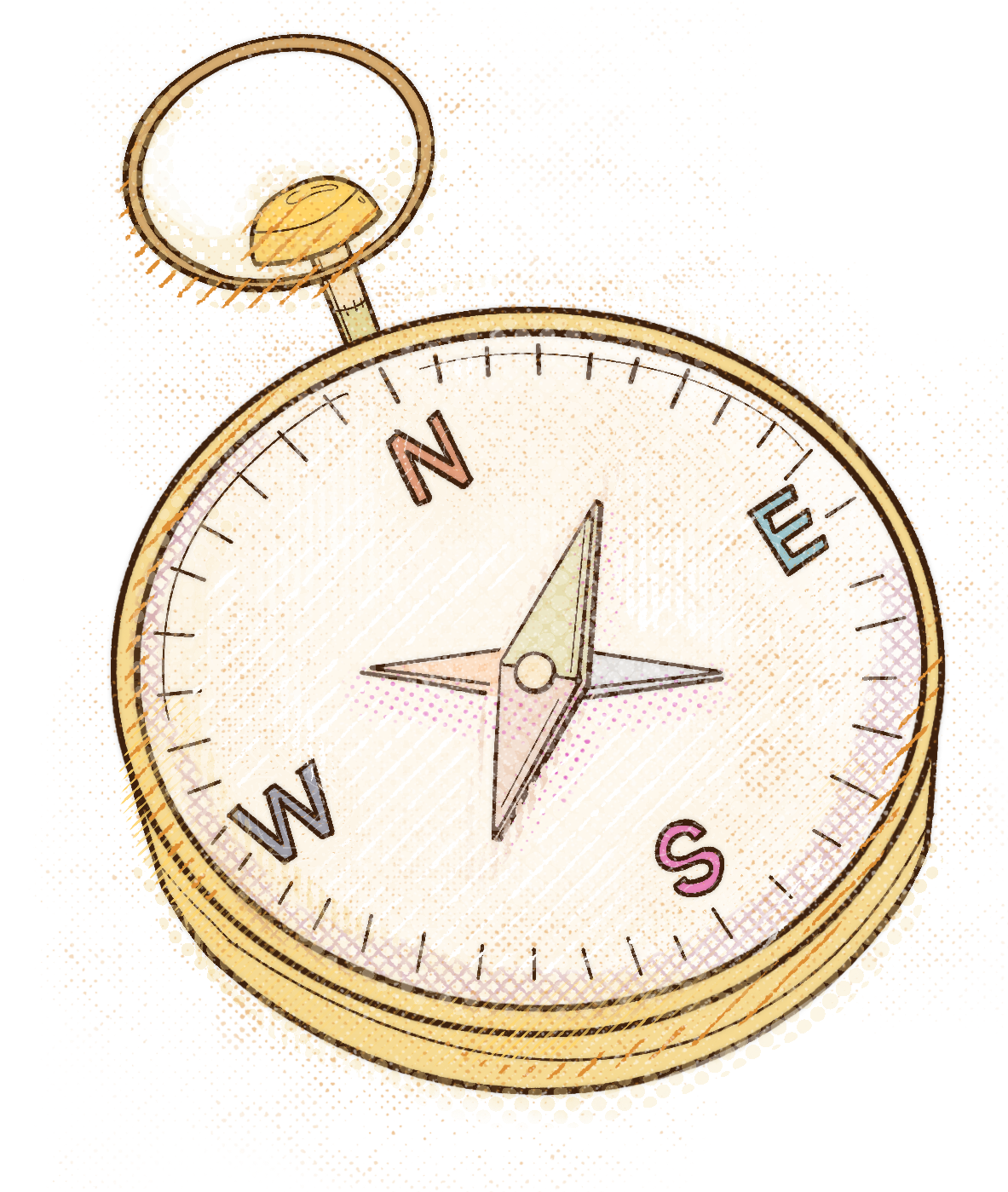 Vintage gold pocket compass with a circular dial, showing N, E, S, W and a hinged ring at the top.