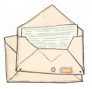 Open envelope containing a disposable surgical face mask (cartoon drawing).