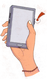 Hand gripping a smartphone in portrait orientation with a blank screen; a beaded bracelet on the wrist.