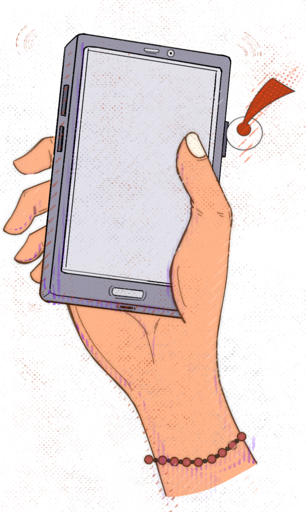 Hand gripping a smartphone in portrait orientation with a blank screen; a beaded bracelet on the wrist.
