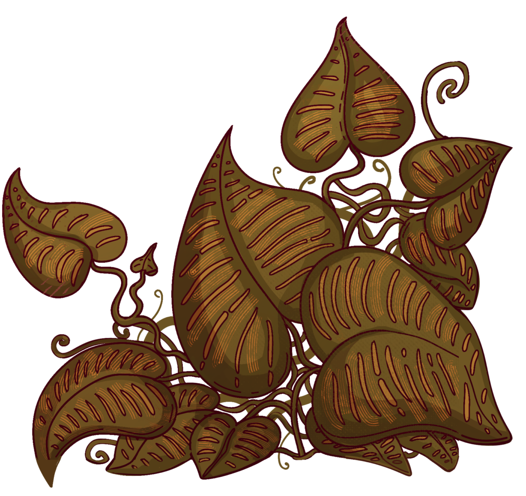 Decorative botanical illustration: cluster of brown leaves and twisting vines on a black background