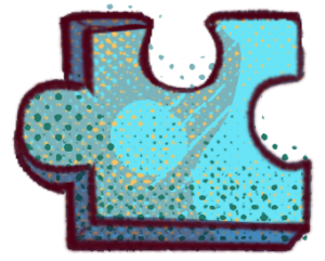 Teal puzzle piece with a central heart motif, dotted texture, and dark maroon outline.