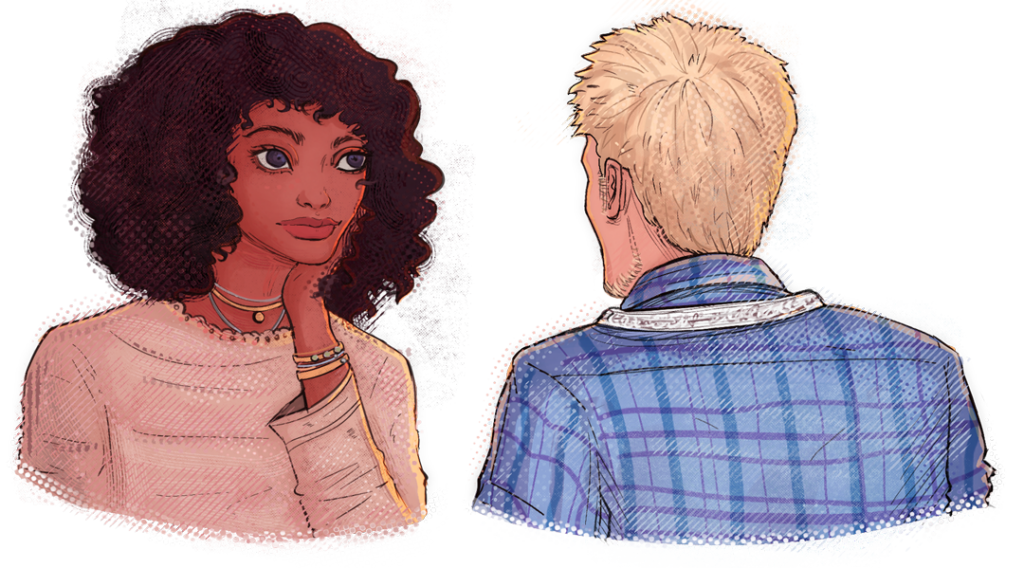 Two people sit facing each other, a woman with curly dark hair on the left and a person with blond hair in a blue plaid shirt on the right, mid-conversation.