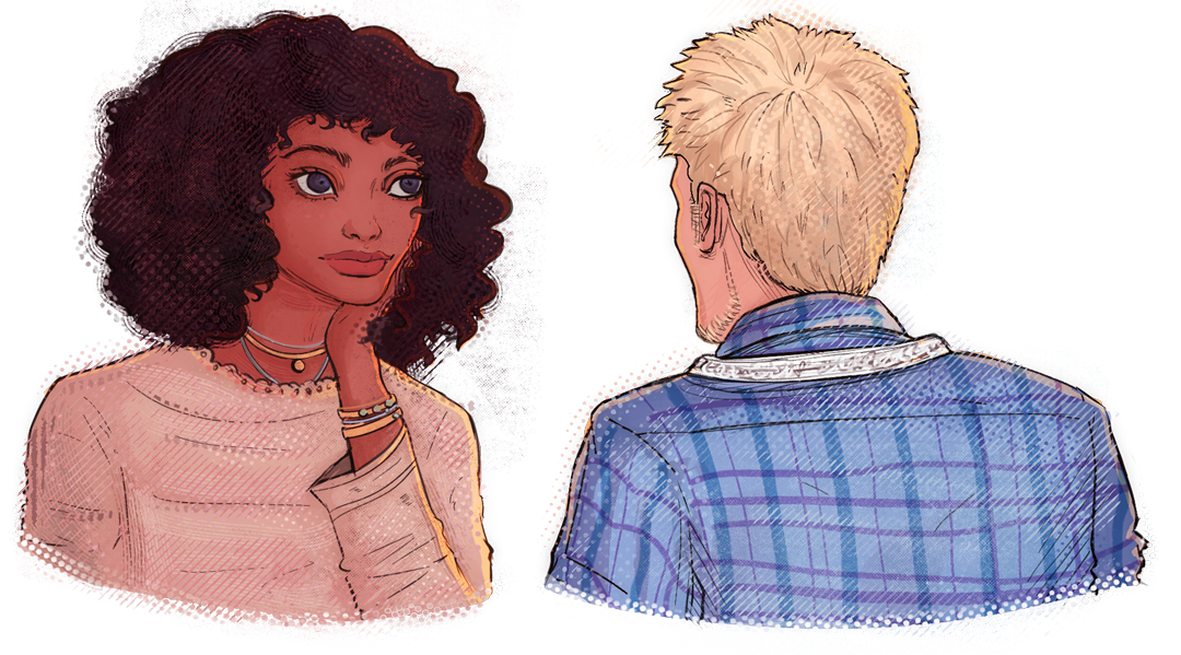 Two people sit facing each other, a woman with curly dark hair on the left and a person with blond hair in a blue plaid shirt on the right, mid-conversation.