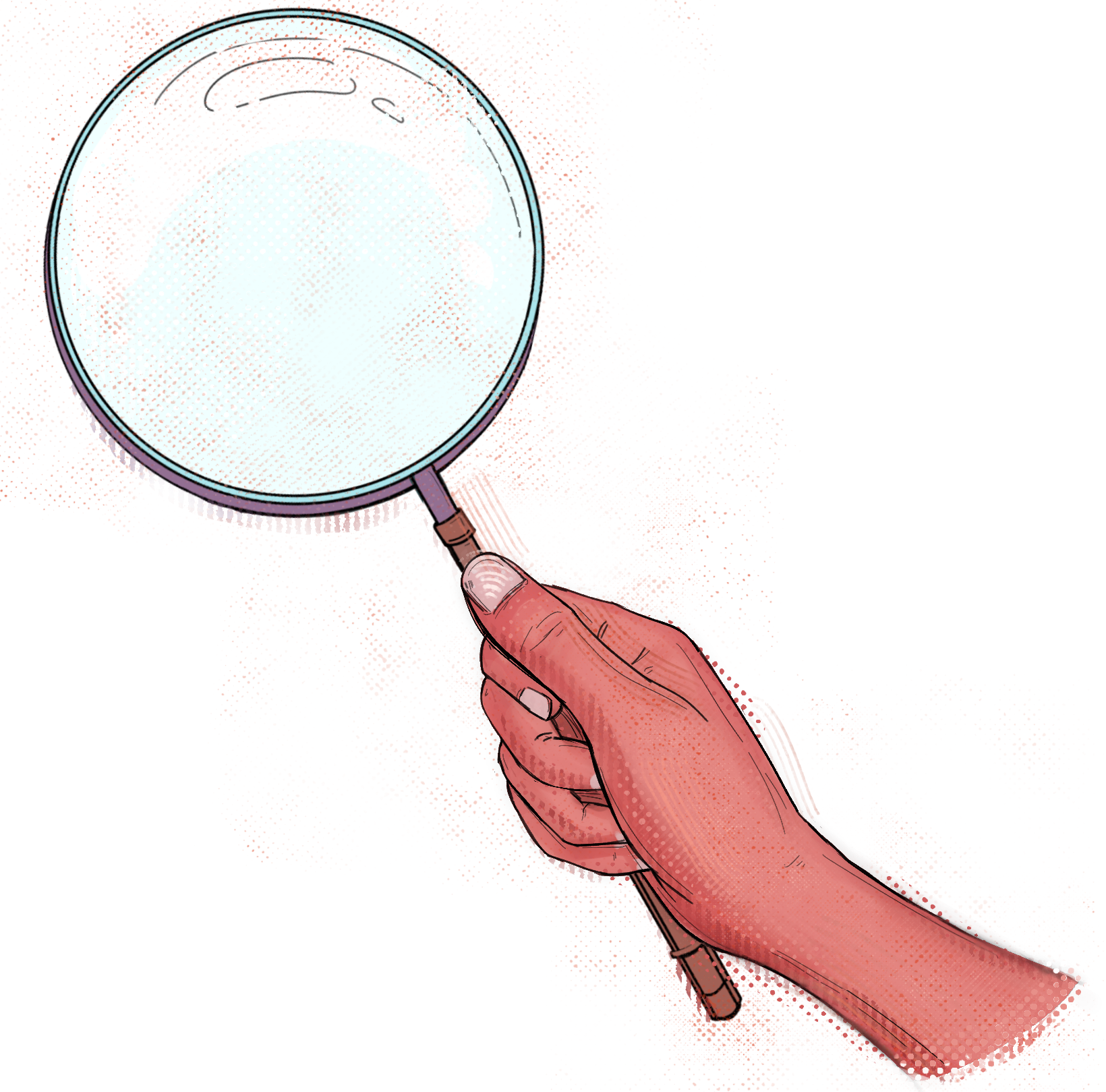 Hand gripping a magnifying glass with a pale lens, over a red halftone background in a comic style.