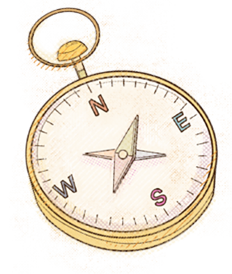 Vintage gold pocket compass with a circular dial, showing N, E, S, W and a hinged ring at the top.
