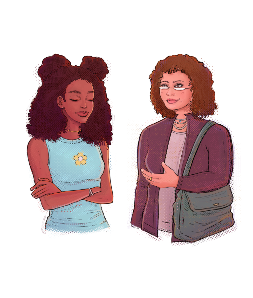 Two illustrated women standing side by side: left is a calm woman with a light blue sleeveless top, arms crossed; right is a woman with curly hair, glasses, a purple jacket, and a shoulder bag.