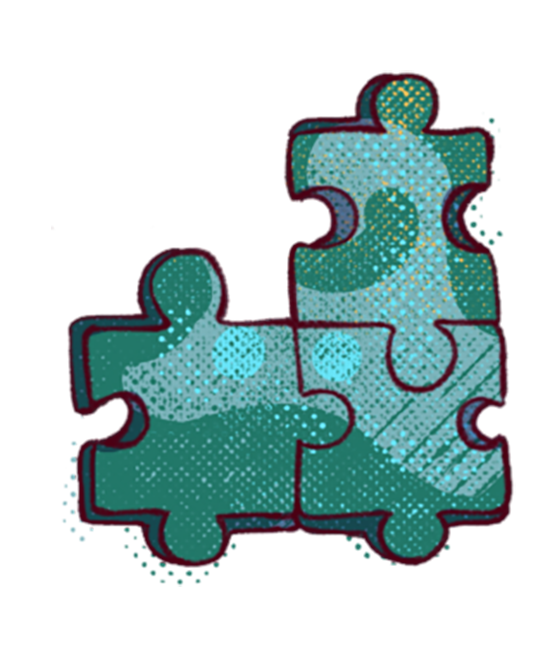Glowing blue-green puzzle piece with a dotted pattern and neon outline on a dark background.